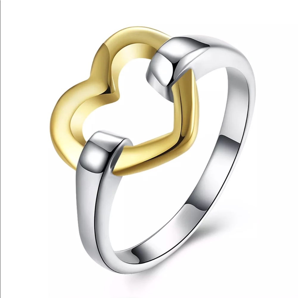 Two Tone Silver and Gold Interlocking Heart Ring